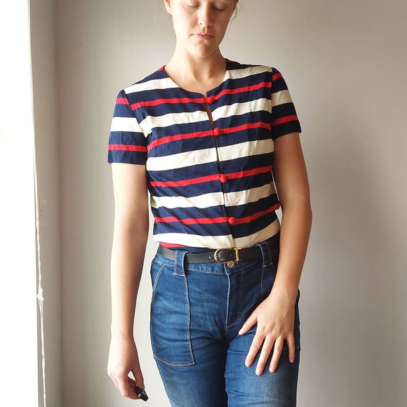 Vintage 1960s R&K Originals Red Blue Striped Knit Boucle Jacket - Picture 2 of 8